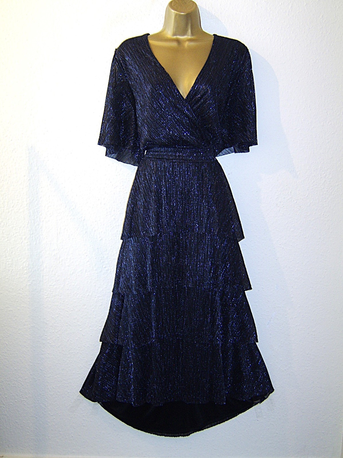 ROMAN NAVY BLUE TIERED SPARKLY SHIMMER WEDDING GUEST CRUISE OCCASION DRESS UK 14