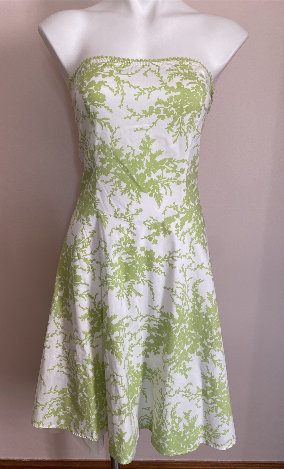VTG Y2K Studio Y Strapless Green White Floral Dress Fit Flare Fairy 3 Small