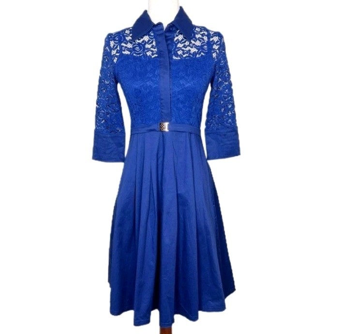 MissMay Knee Length Cocktail Party Dress S Blue Lace Fit & Flare Retro Romantic