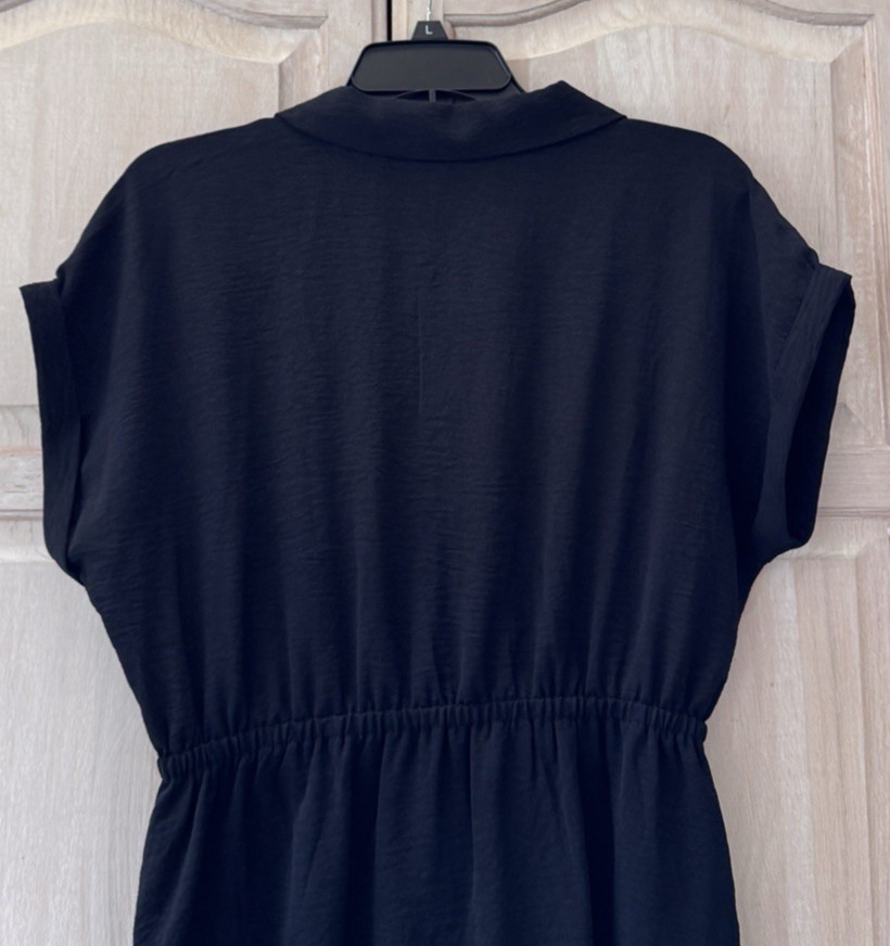 NWOT Lucky Brand Black Rolled Cuff Cap Sleeves Elastic Tie Waist Dress Size Med