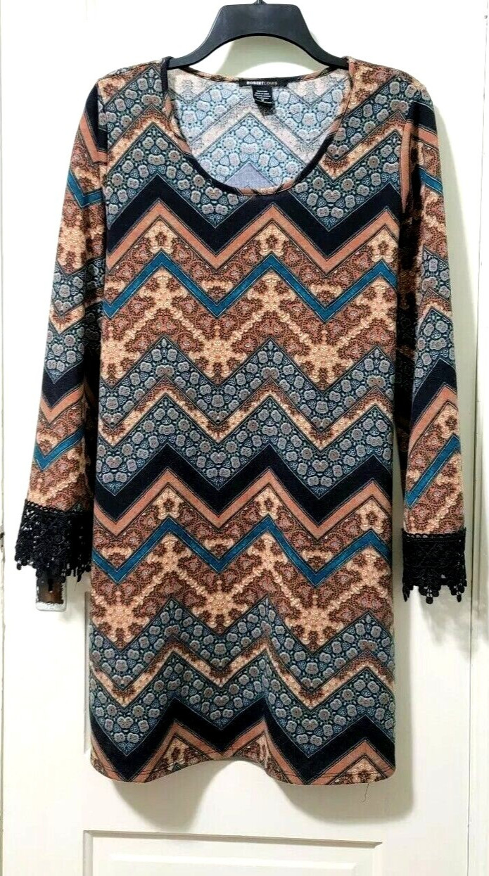 FLASH SALE Womens Robert Louis BOHO Dress Medium Brown Teal Black Lace Flare Slv