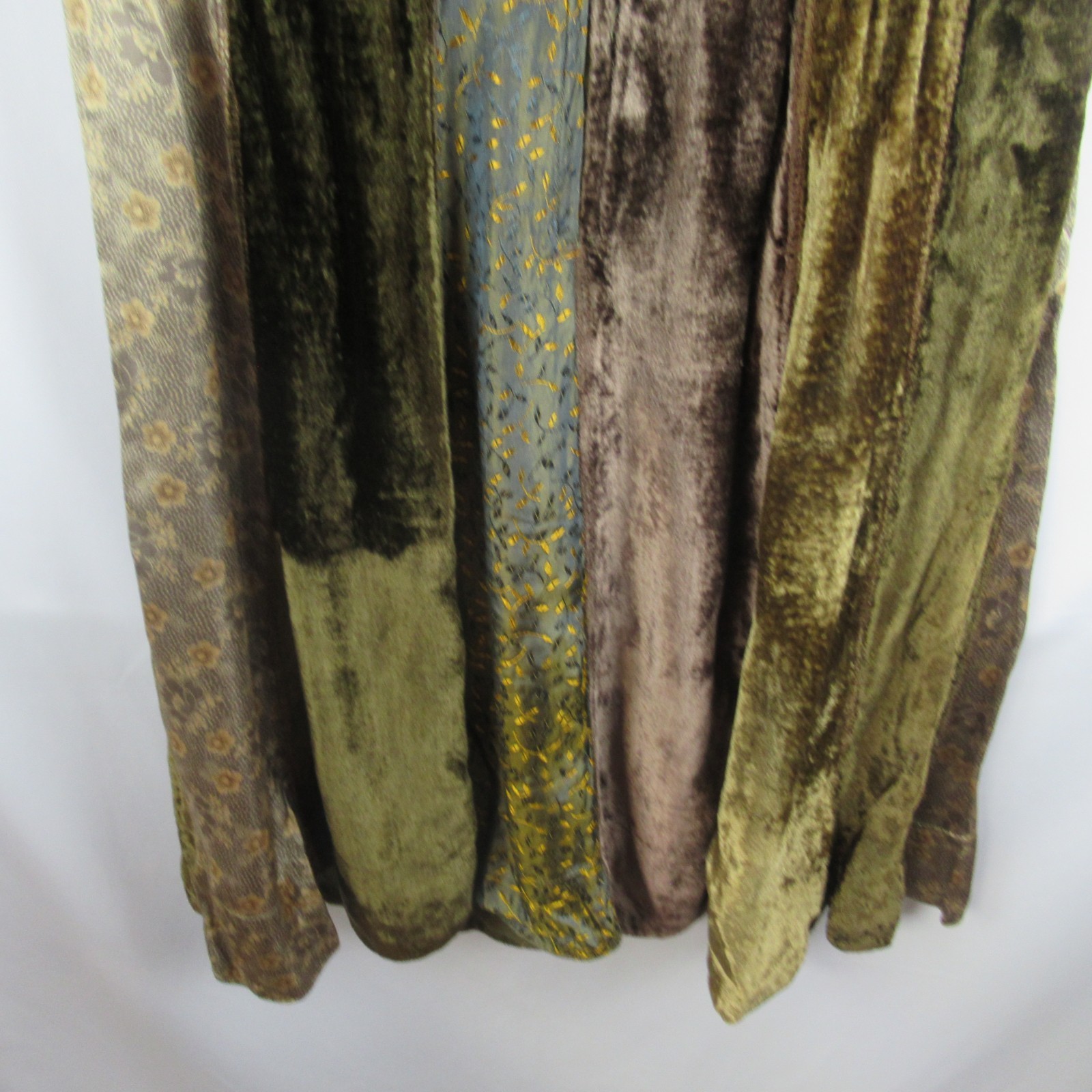Vintage RENE DERHY VELVET PATCHWORK DRESS Brown Olive Scalloped Hem Size S Boho