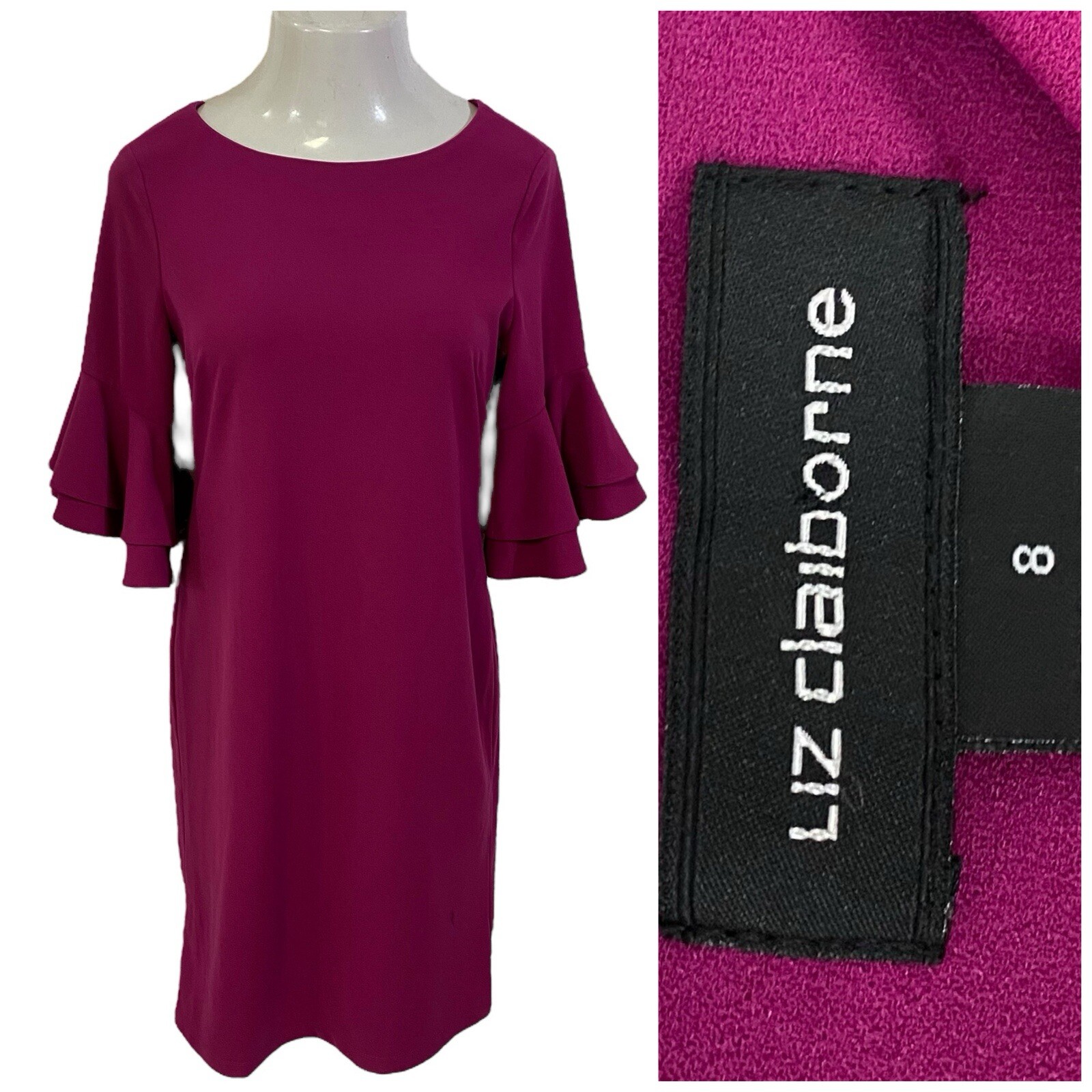 Liz Claiborne Dress Women Size 8 Purple Ruffle Sleeve Office Church Date Elegant
