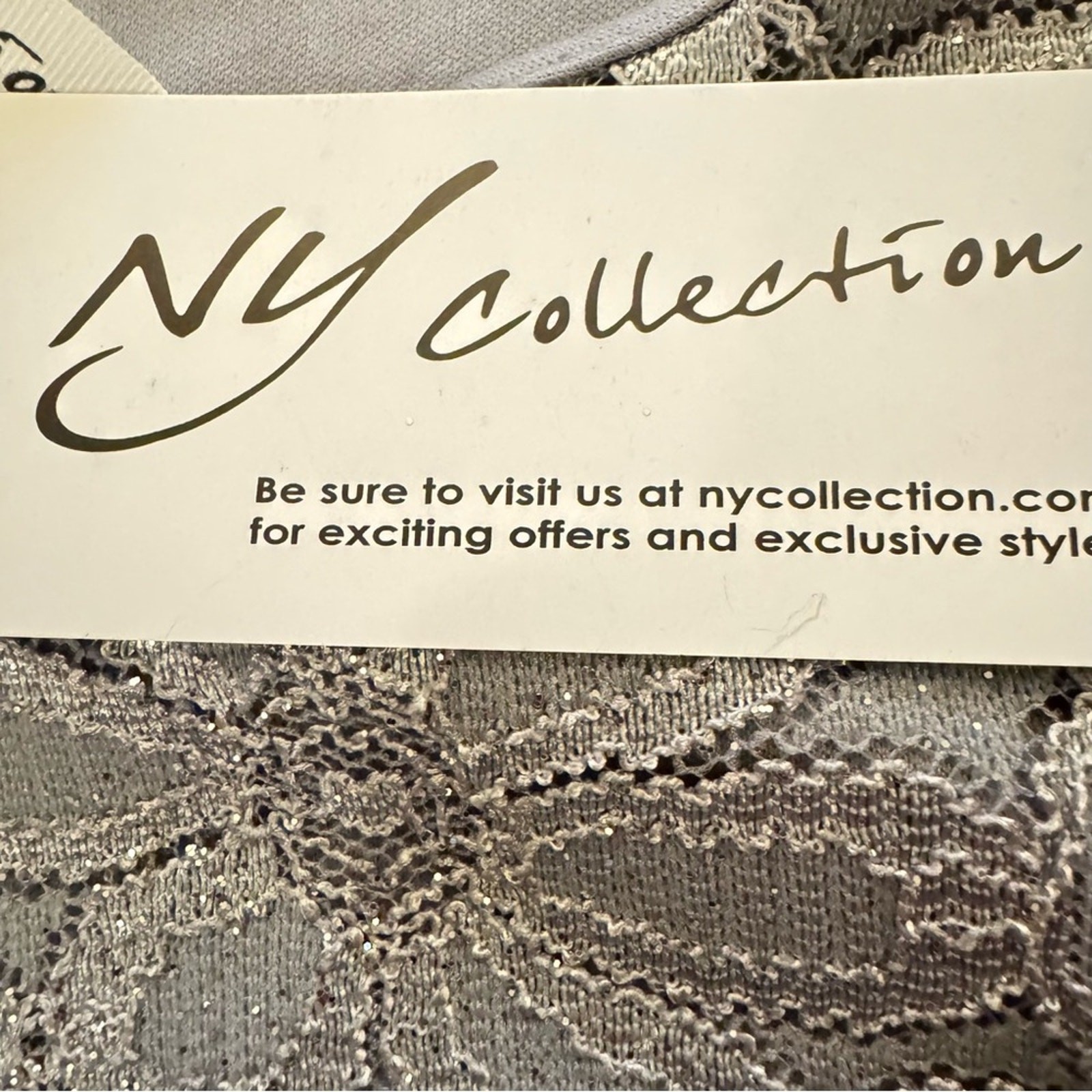 NWT NY Collection gray silver crocheted overlay formal midi shift dress M b41