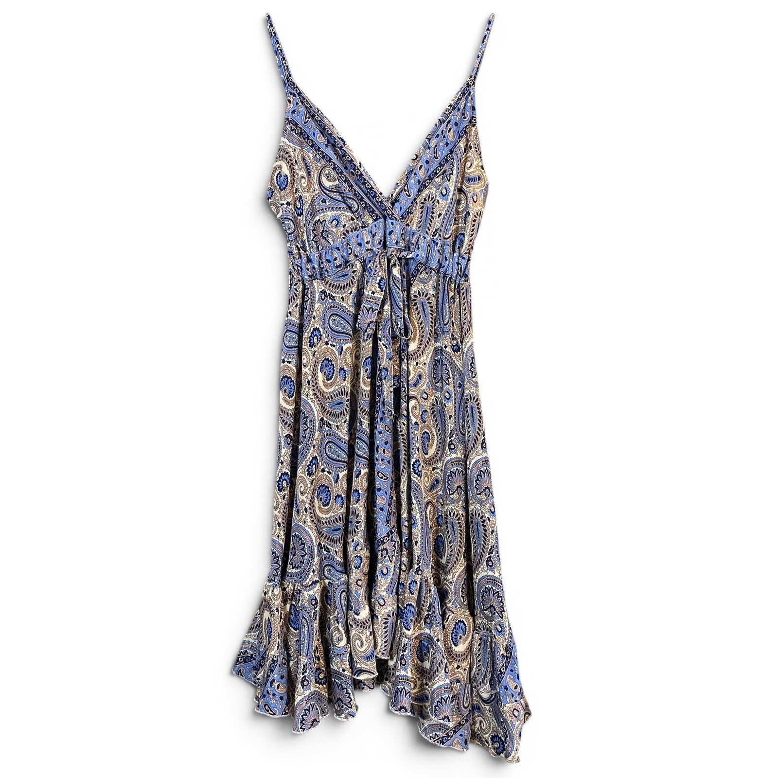 Swarna Greece Silk Paisley Boho Midi Dress Womens Free Size Smocked Asymmetrical