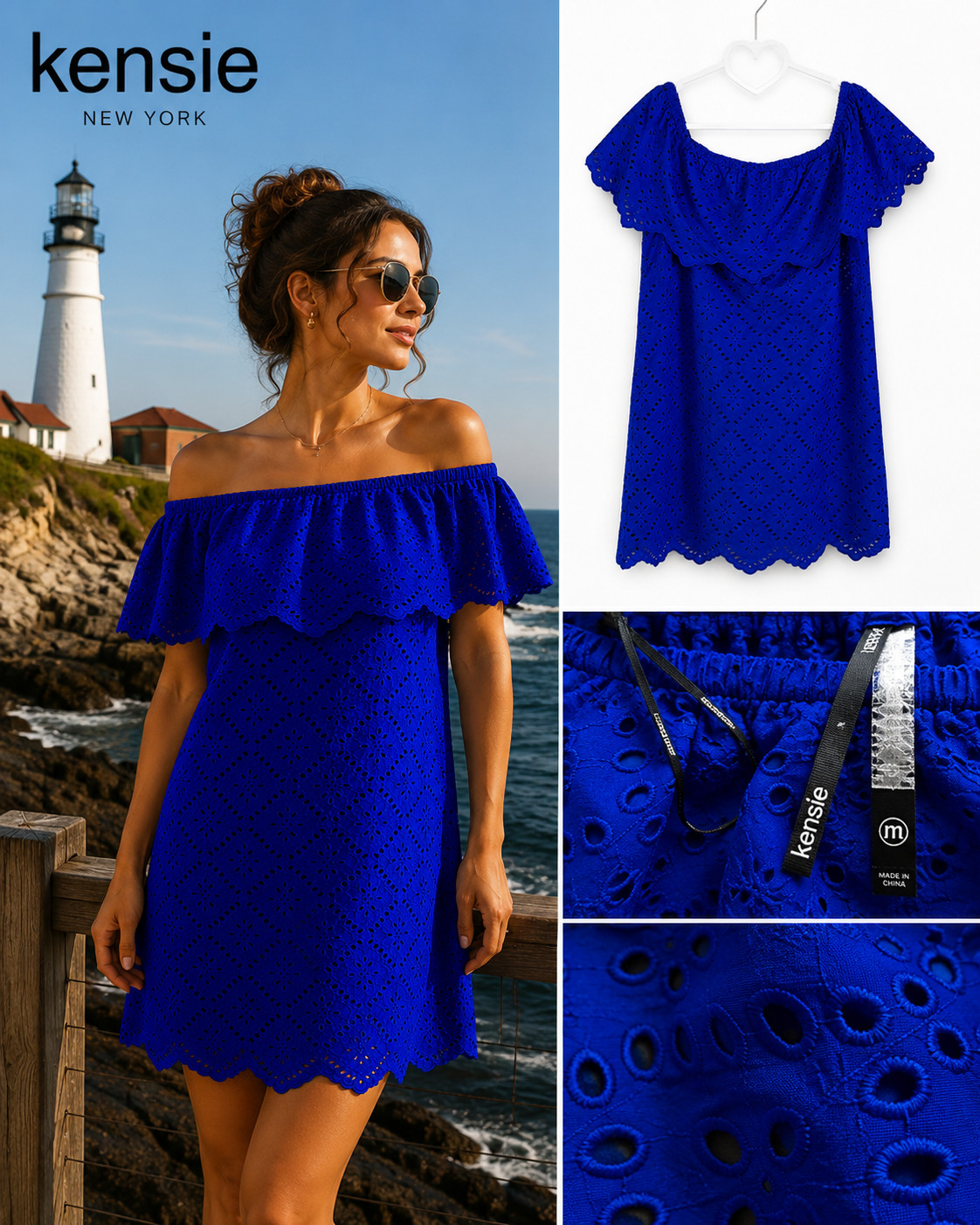 Kensie Royal Blue Eyelet Cotton Mini Dress | On/Off Shoulder | Size M