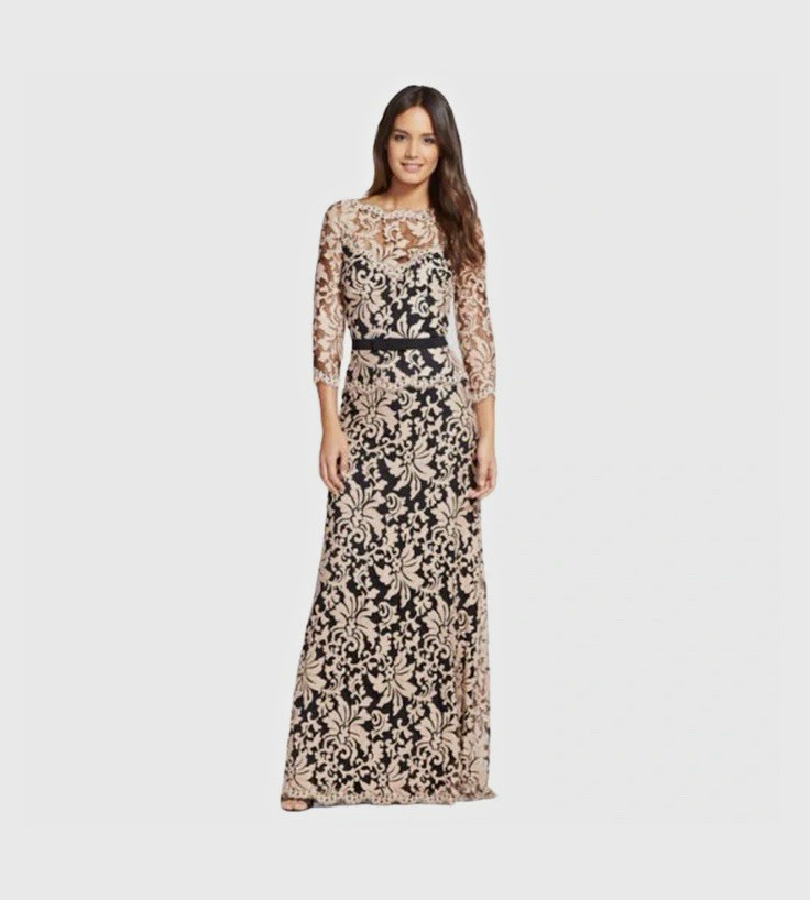 Tadashi Shoji Black Beige Lace Floral Long Maxi Dress 10 3/4 Sleeve 3K1224L
