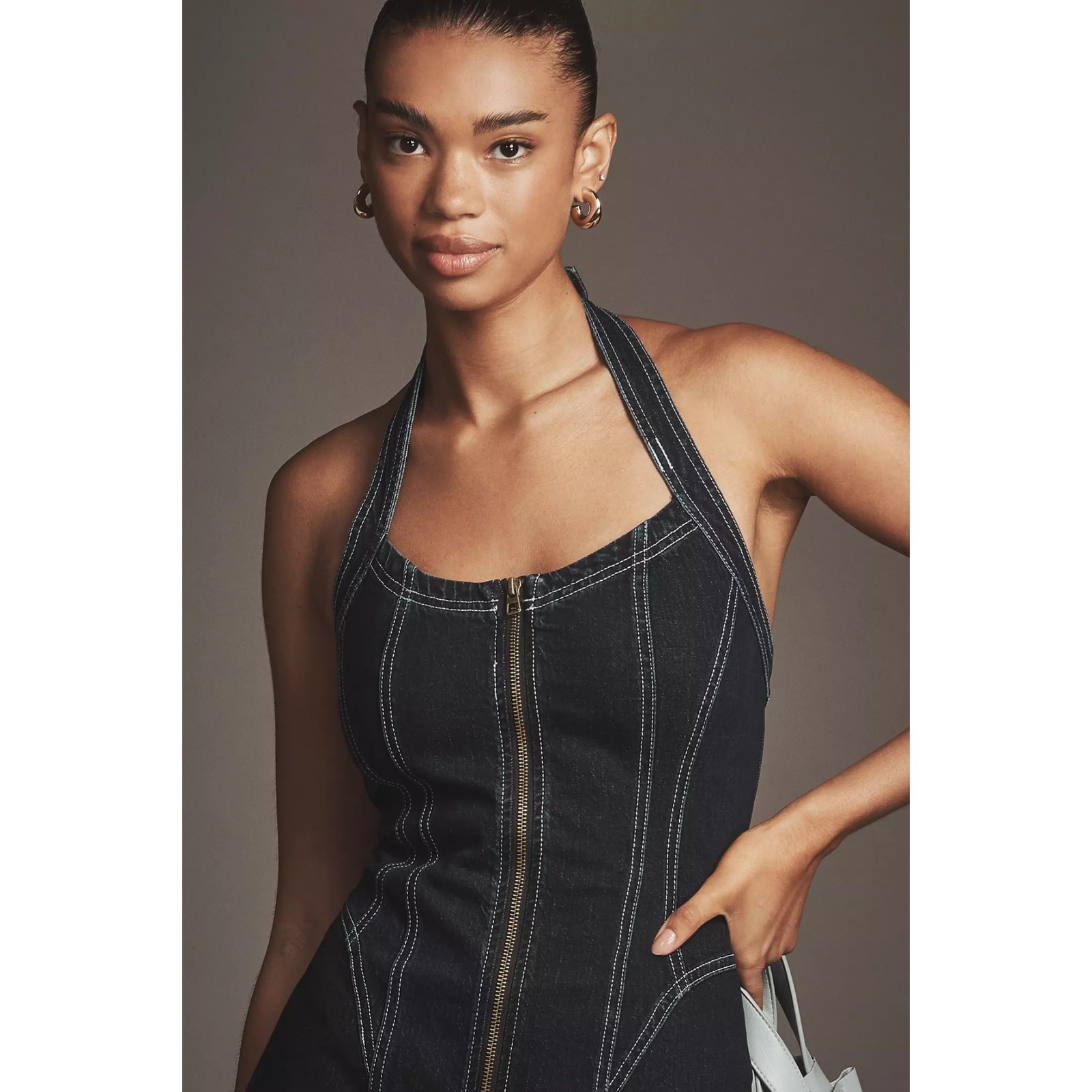 New Anthropologie Pilcro Front-Zip Halter Denim Midi Dress $178 MEDIUM Dark Blue
