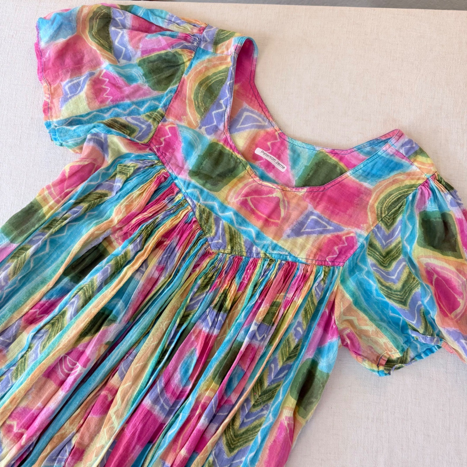 Sita Nepal Cotton Maxi Dress Small Multi Color Abstract Geometric Boho Crinkle