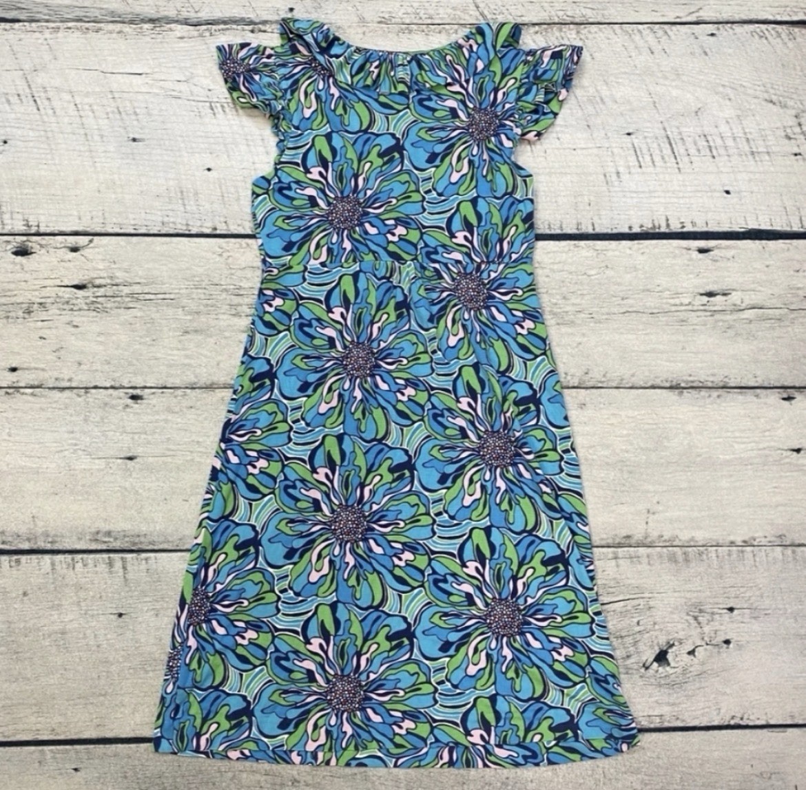 Lilly Pulitzer Blue/Green Floral Ruffle Shift Dress V-Neck Cap Sleeve S