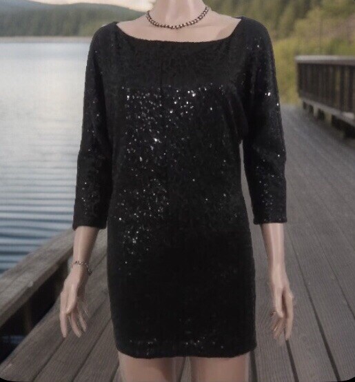 Black Sequin Dress (SIZE TAG MISSING) Bust 32in Length 30in Boat Neck 3/4 Sleeve