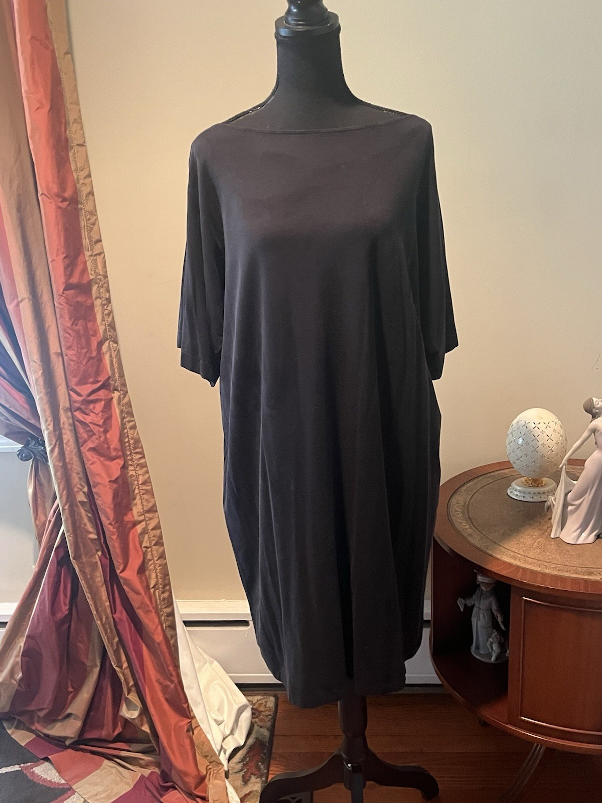 EILEEN FISHER BLACK SHIFT SHEATH DRESS UNLINED XL OPEN SHOULDER TENCEL BOAT NECK