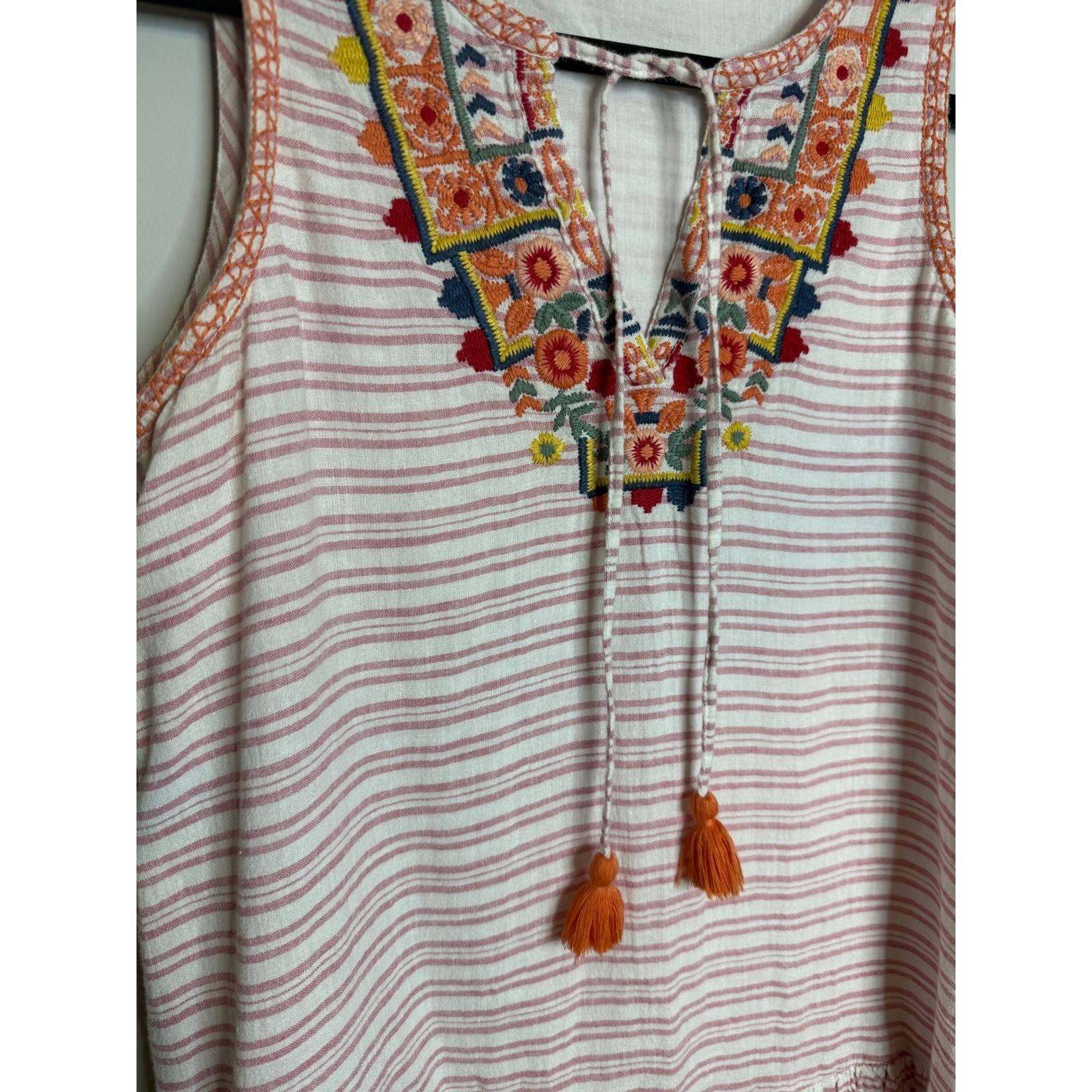 BEACHLUNCHLOUNGE Striped Pink Rose Embroidered Boho Linen Blend Daphine Dress XS