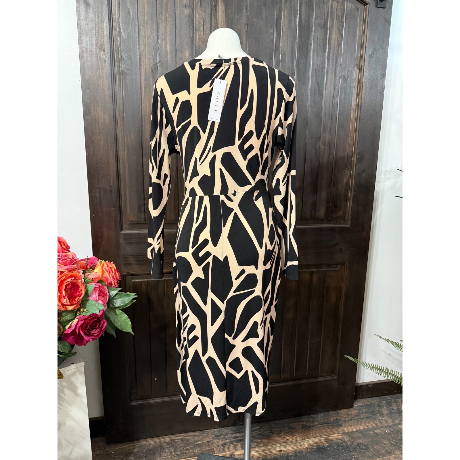 Gilli Women Long Sleeve Abstract Geometric Midi Dress Black Tan O-Ring Ruched L