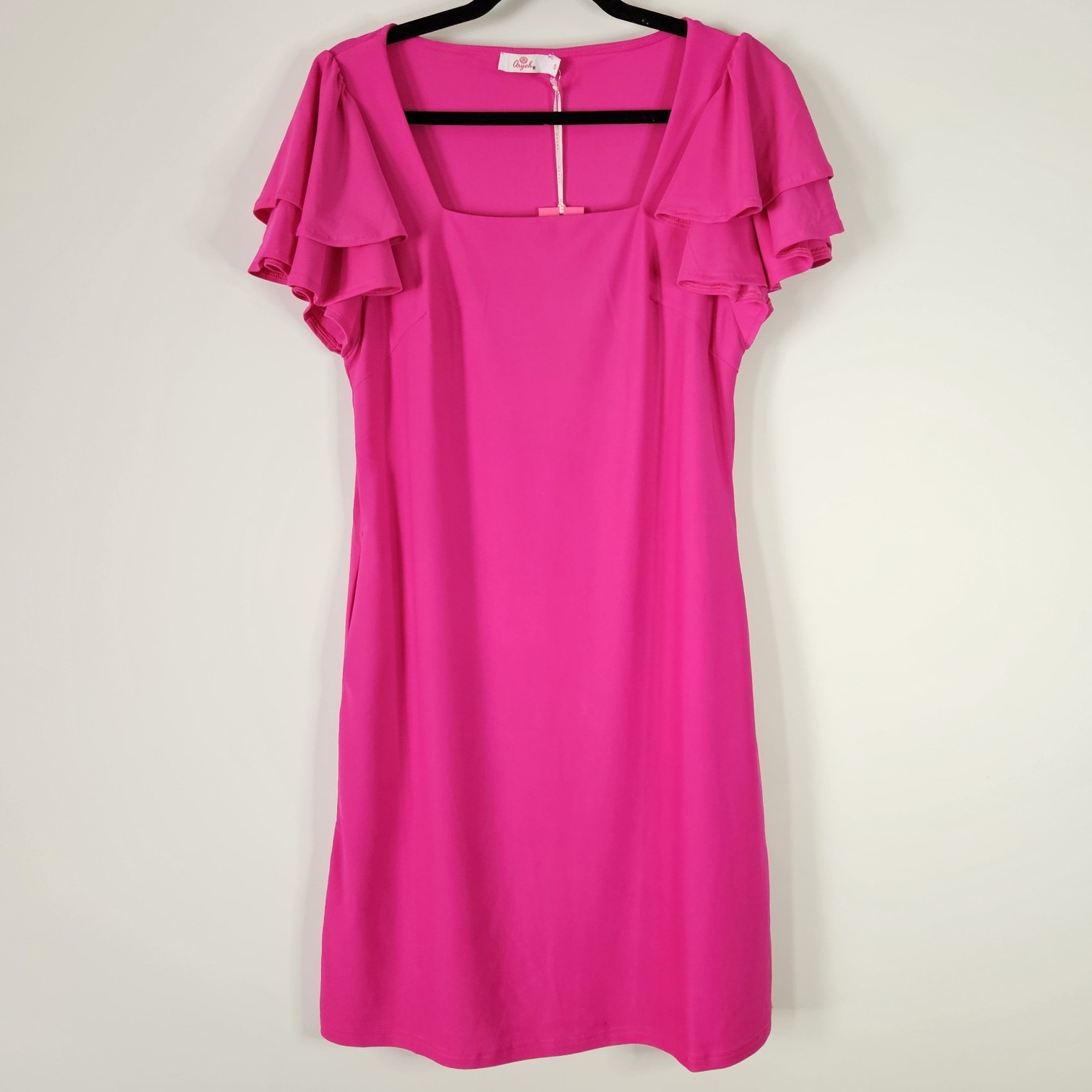 Hot Pink Solid Shift Dress Square Neck Flutter Ruffle Sleeves with Pockets XL