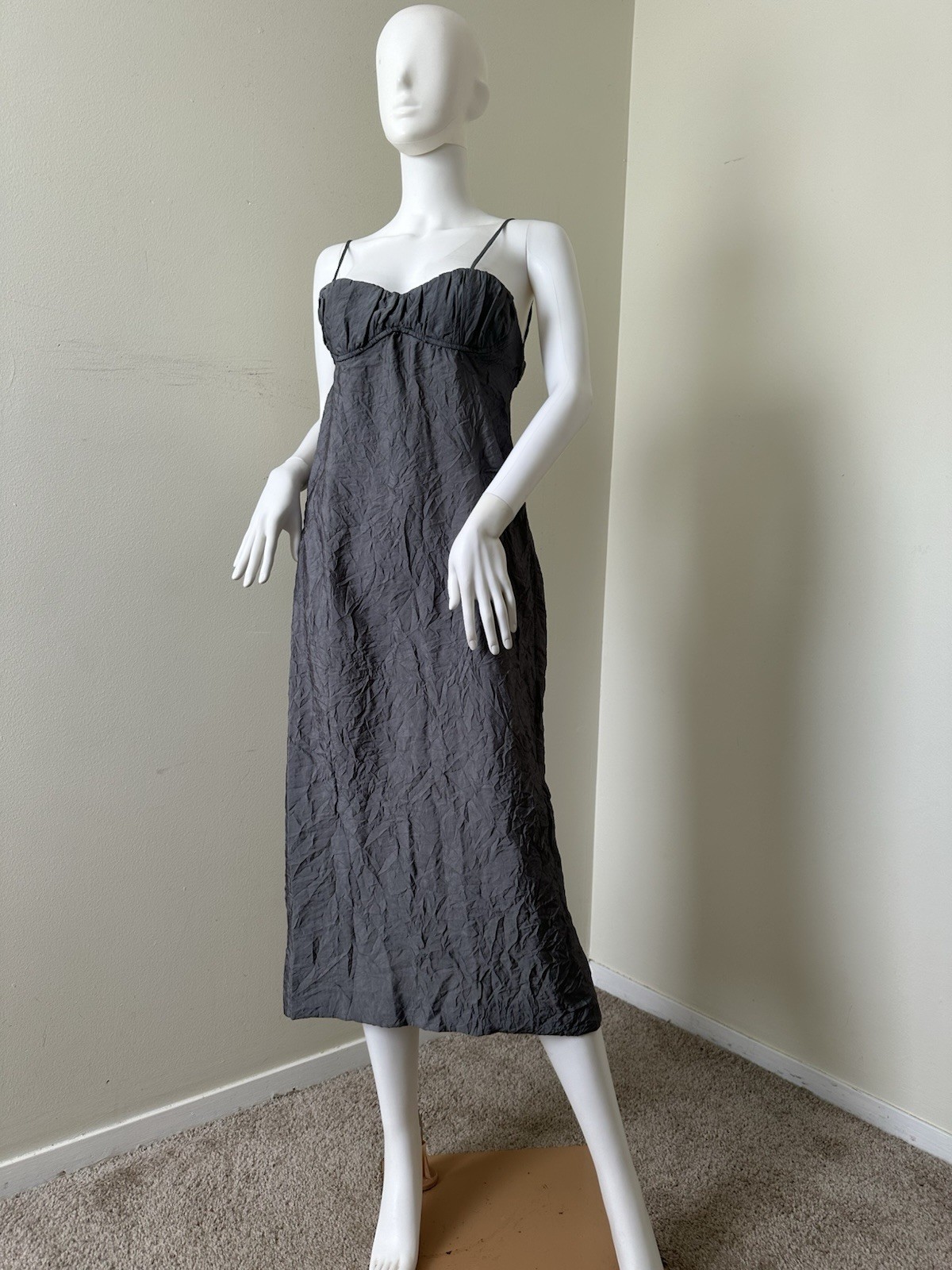 Zara : Ruched Midi Slip Dress Viscose Polyamide Strappy Sleeves Backless Lined