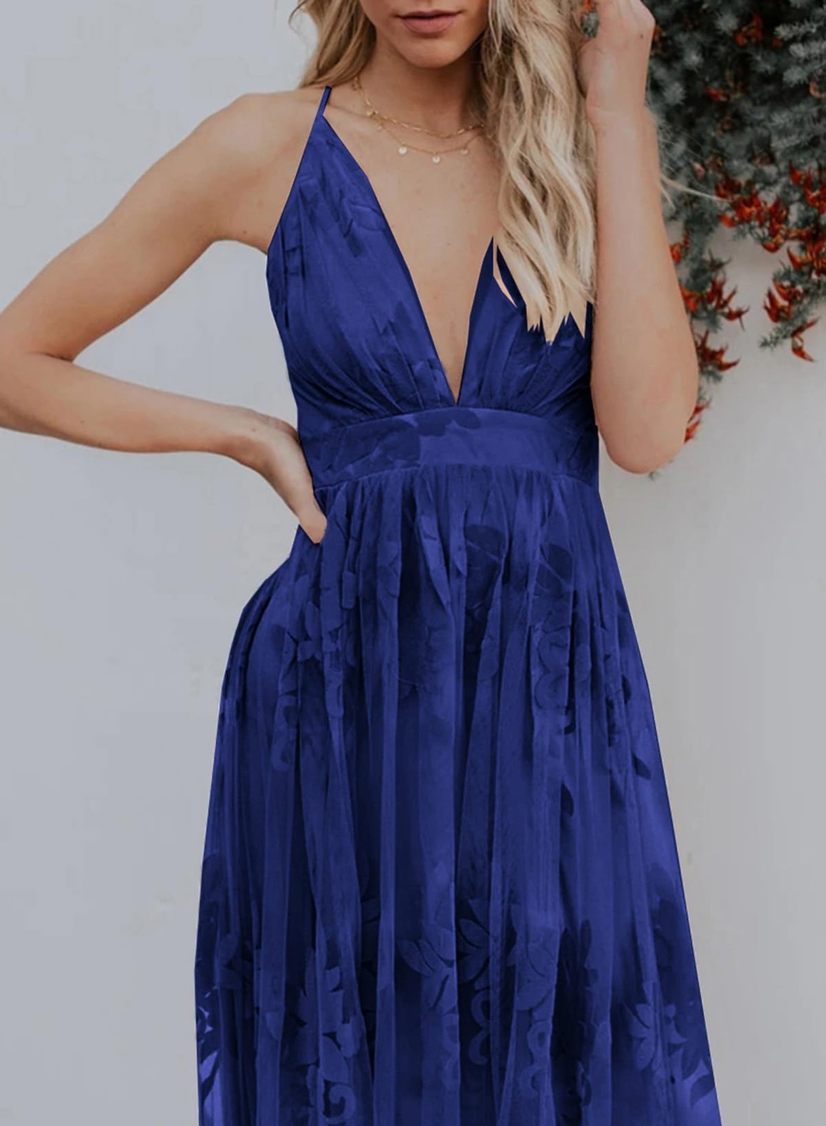 Dokotoo Formal Dress Blue Large Embroidered V-Neck Spaghetti Straps Maxi Lace