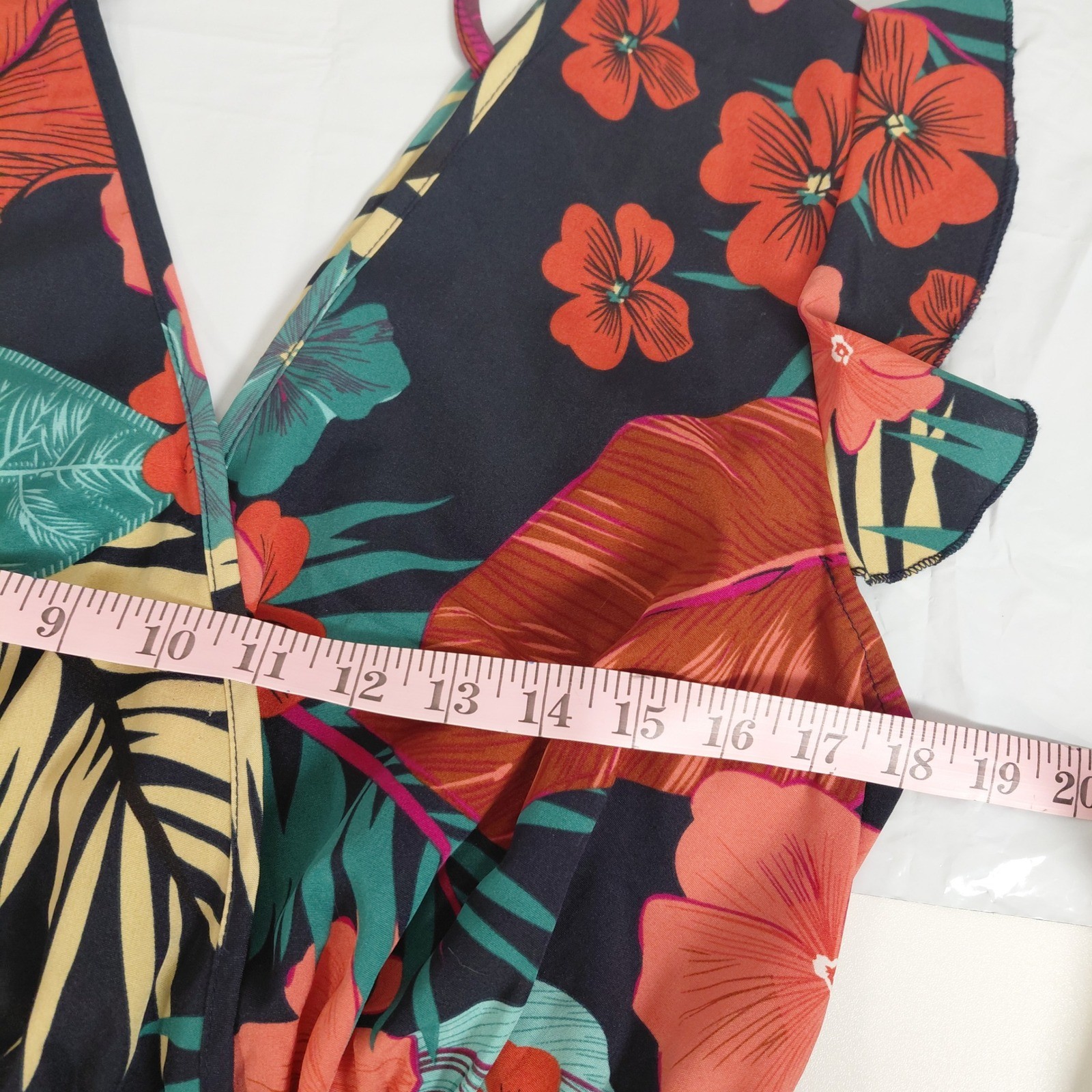 Tropical Floral V-Neck Ruffle Mini Dress Flutter Sleeve Tie Back High Waist ?Lg?