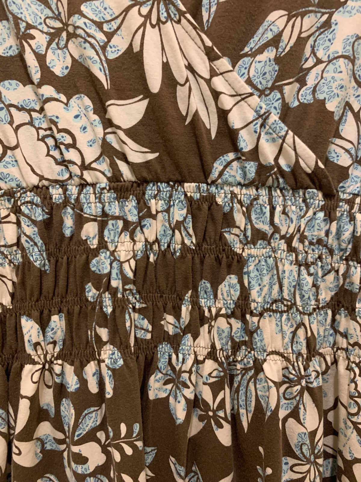 Eddie Bauer Cotton Knit Shirred Waist Midi Dress Blue/Brown/White Floral — XS