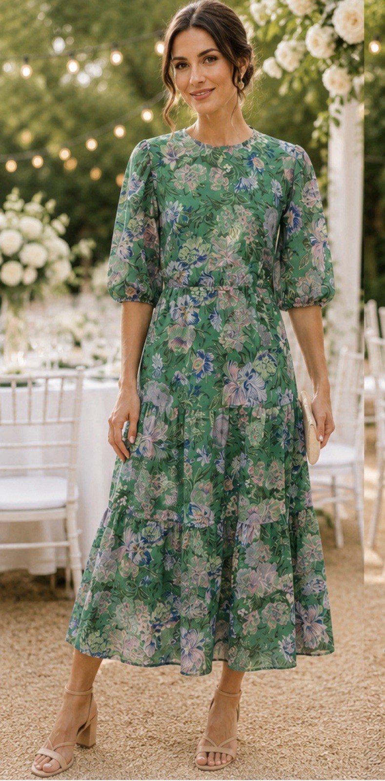 Olivaceous Green Floral Open Back Midi Dress Sz L Puff Sleeve Boho Wedding Guest