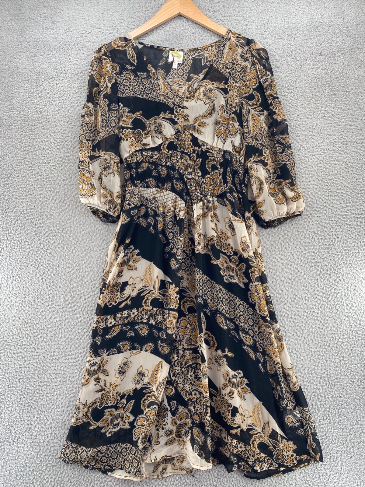 Fig & Flower Dress Women Medium Black Ivory Floral Blouson 3/4 Balloon Sleeves