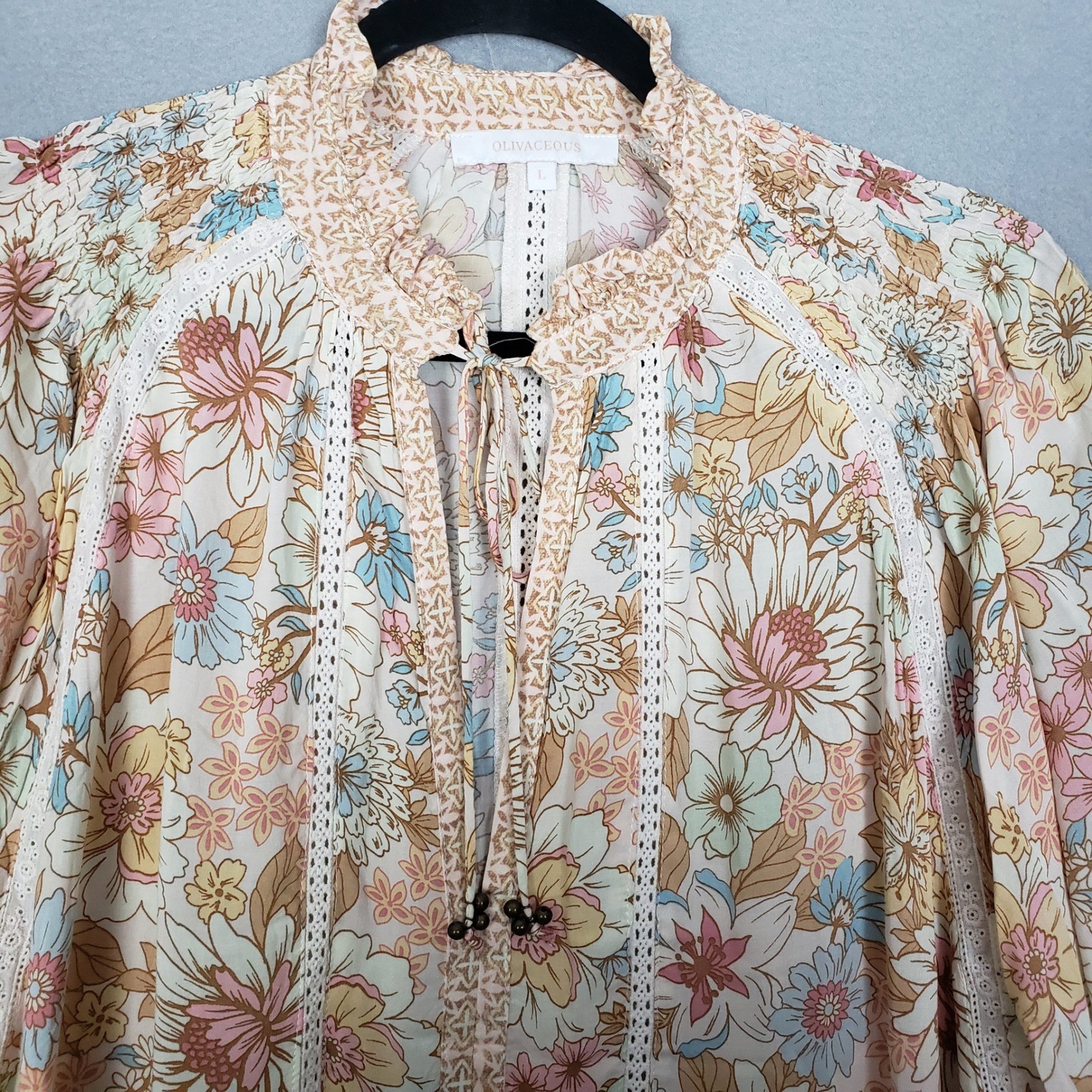 Olivaceous Size L Tiered Mini Dress Muted Boho Floral Print Summer Flowy Coastal