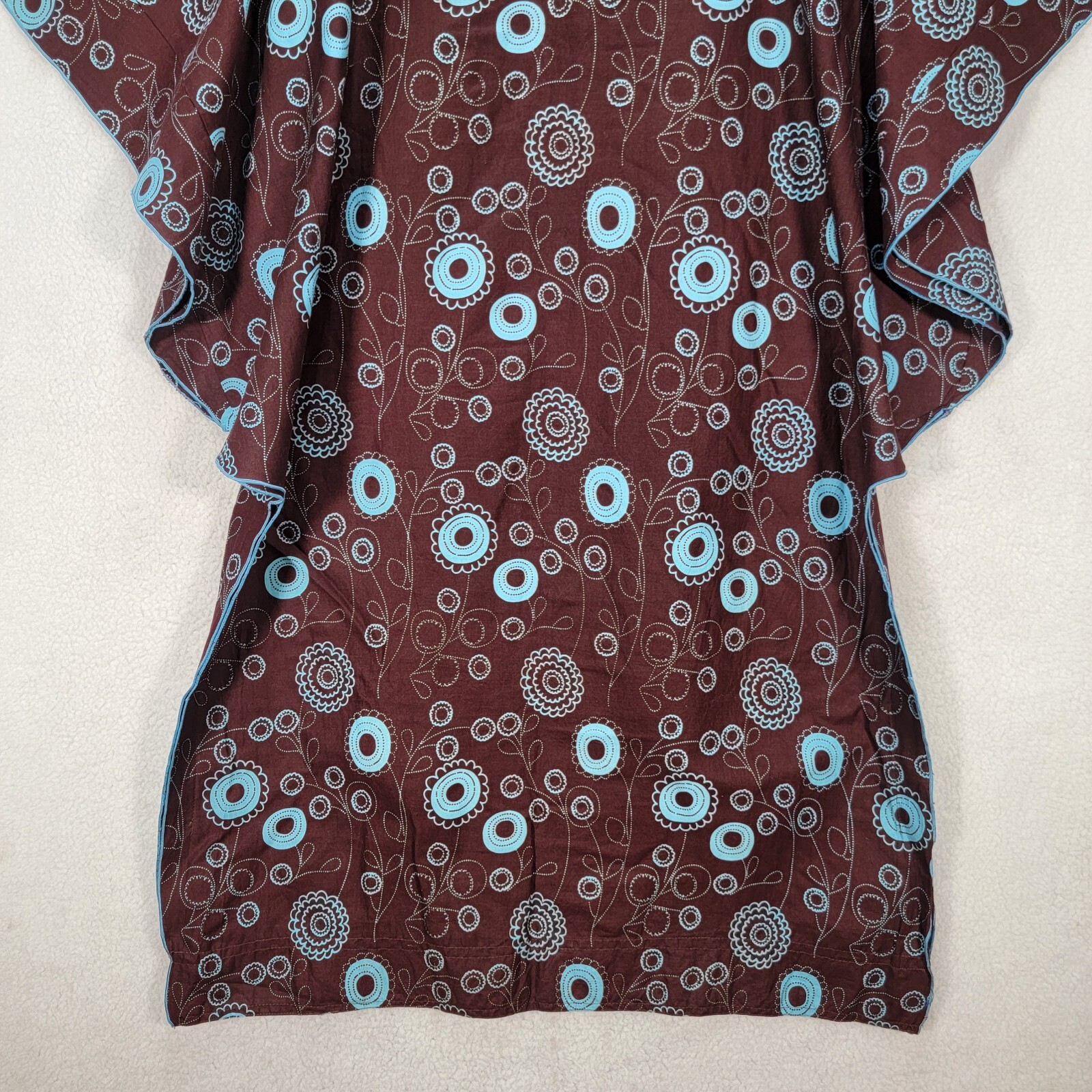 Brown Cotton Floral Retro Slit Flutter Kaftan Midi Eccentric Women Dress Size XL