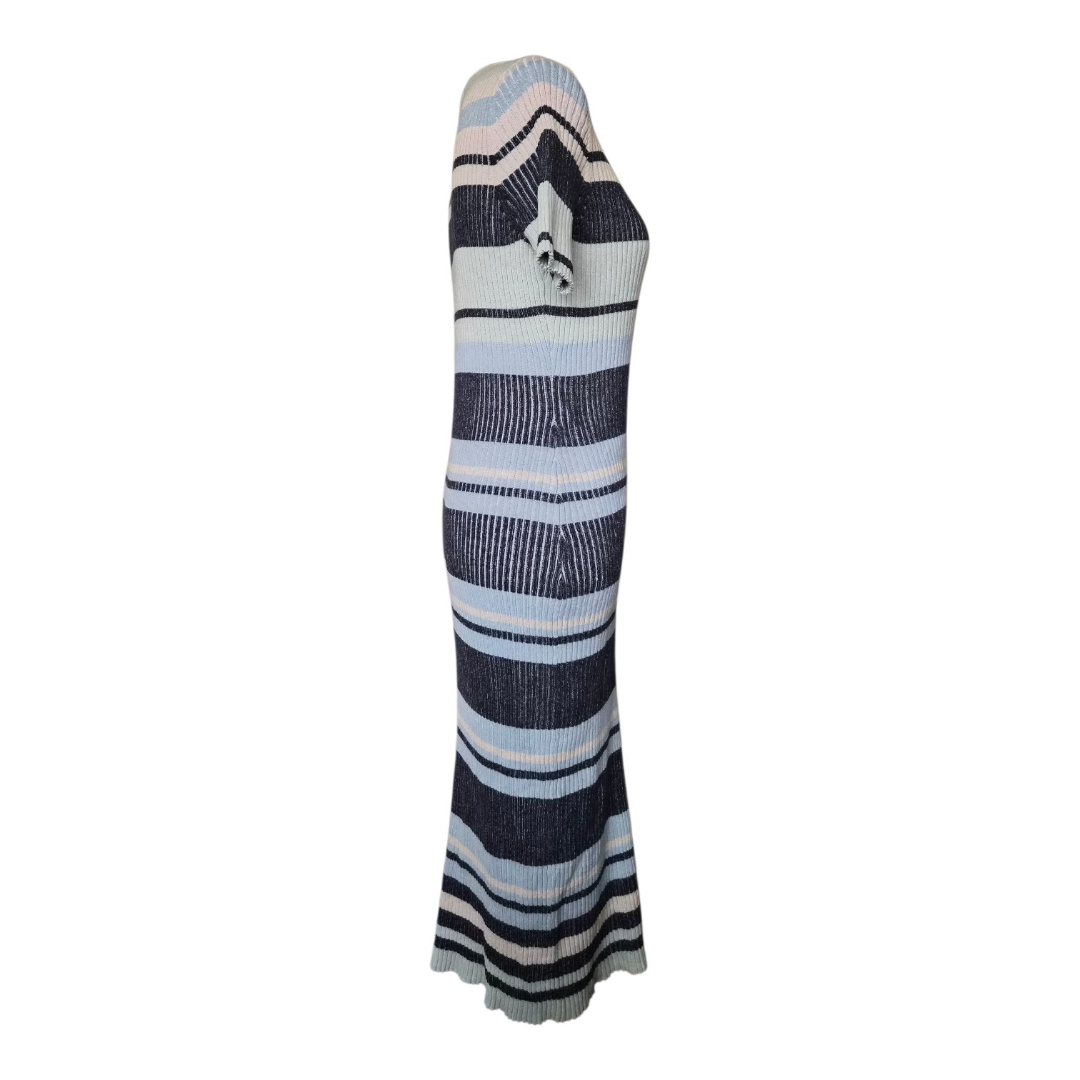 Stitches & Stripes Ribbed Knit Maxi Dress Size L Blue Stripe Short Sleeve NWOT