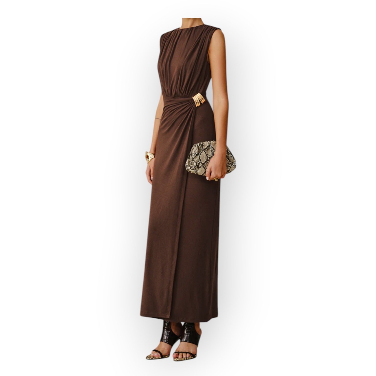 Commense Brown Ruched Maxi Dress Metal Buckle Sleeveless XL Modern Chic Elegant