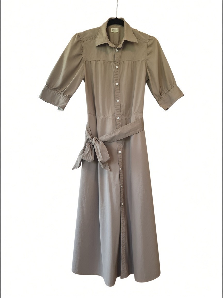 Polo Ralph Lauren Puffed Sleeve Cotton Shirt Dress Womens Midi Pockets Khaki 6
