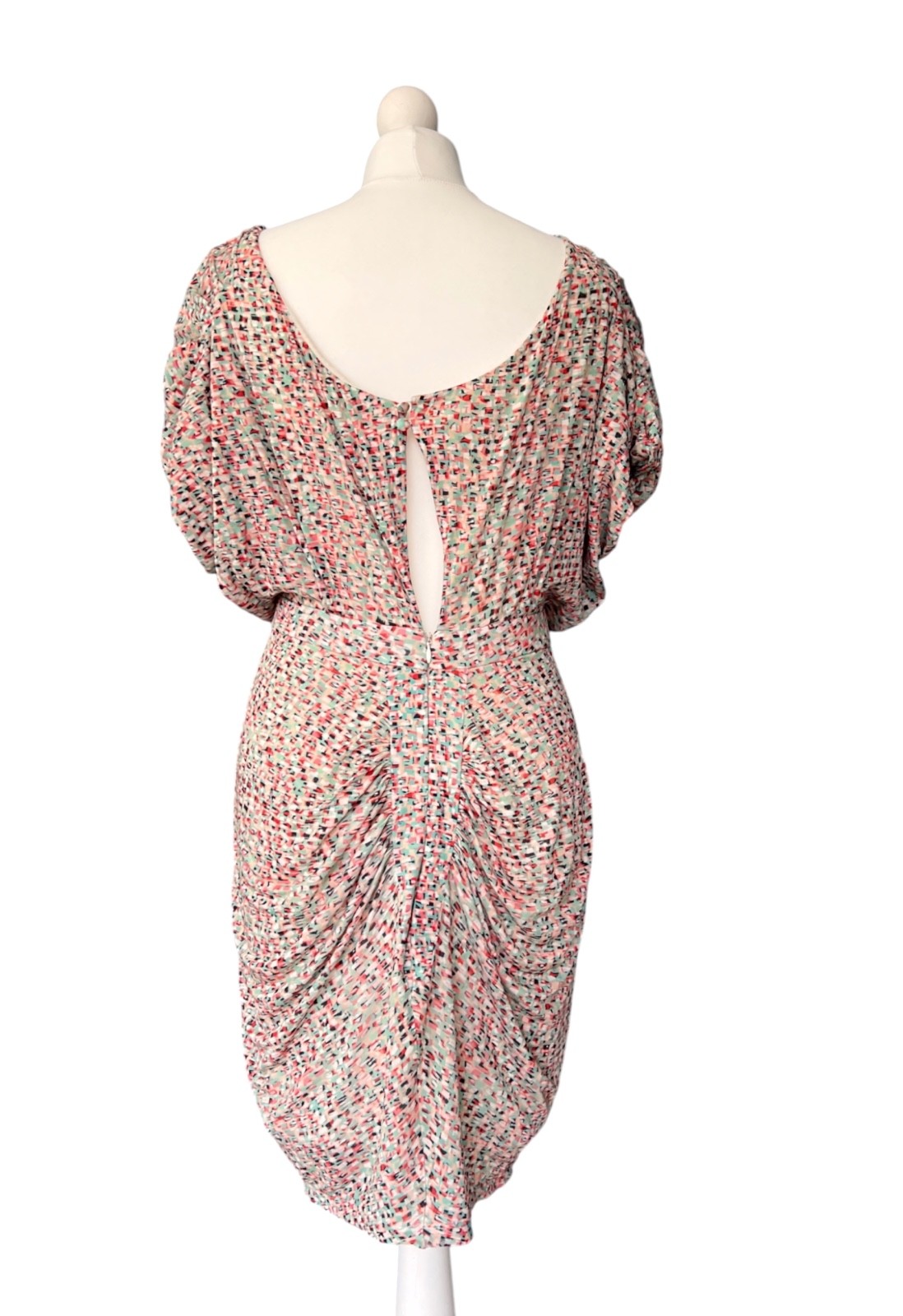Saloni Silk Draped Dress UK 10 US 6 Multicolour Print Batwing Open Back Midi