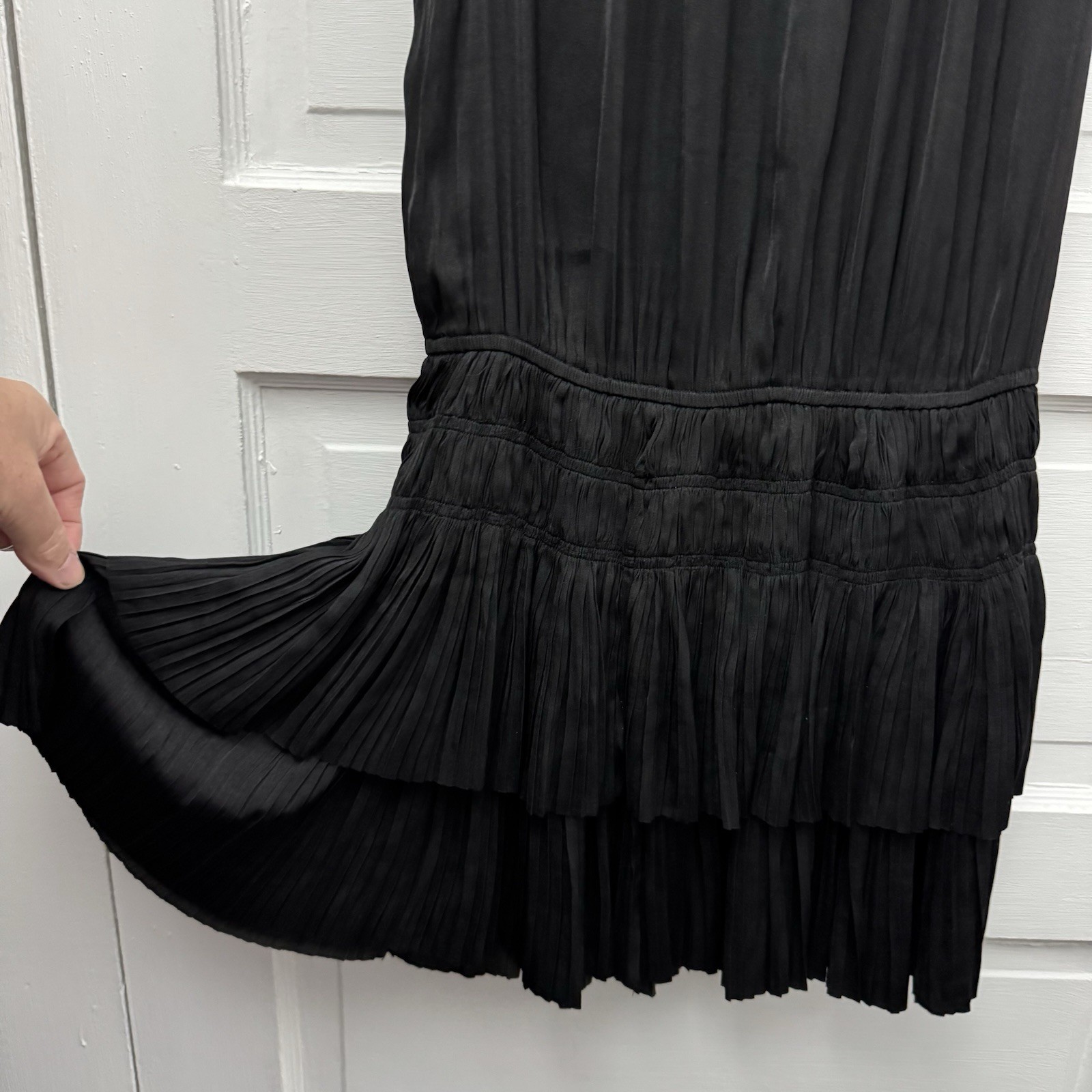 Current Air Black Pleated Ruffle Dress Size S Tie Neck Tiered Mini Boho