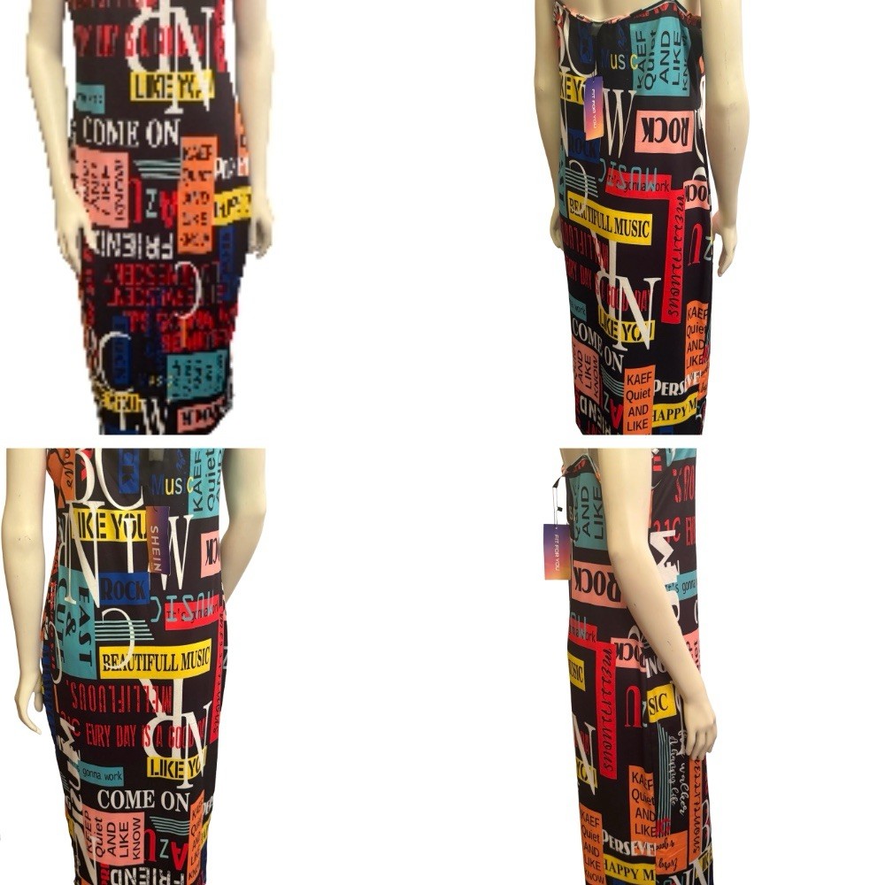 SHEIN Women’s Multicolor Graphic Print Strappy Bodycon Midi Dress Scoop Neck S