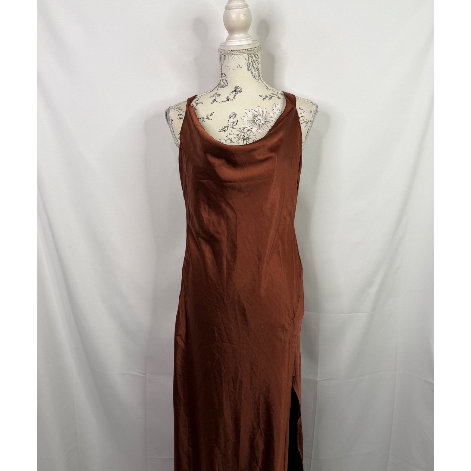 Billy J Sian Maxi Dress Rust Satin Cowl Neck Tie Back Formal Gown Size 10 NEW