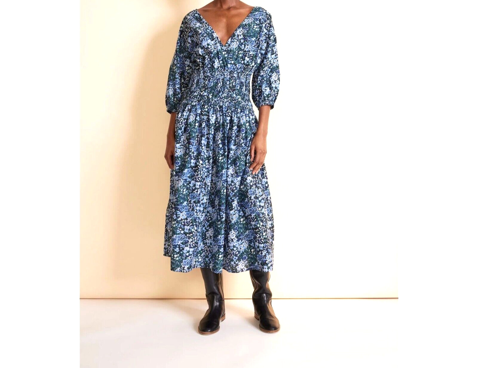 Apiece Apart Womens Dress S Navy Blue Green Floral Midi Cottagecore Prairie 2022