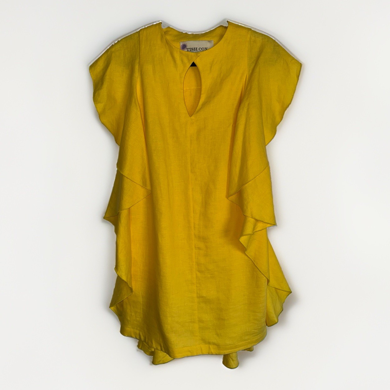 TISH COX Sunshine Yellow Linen Keyhole Cascading Ruffle Flutter Drape Dress XXS