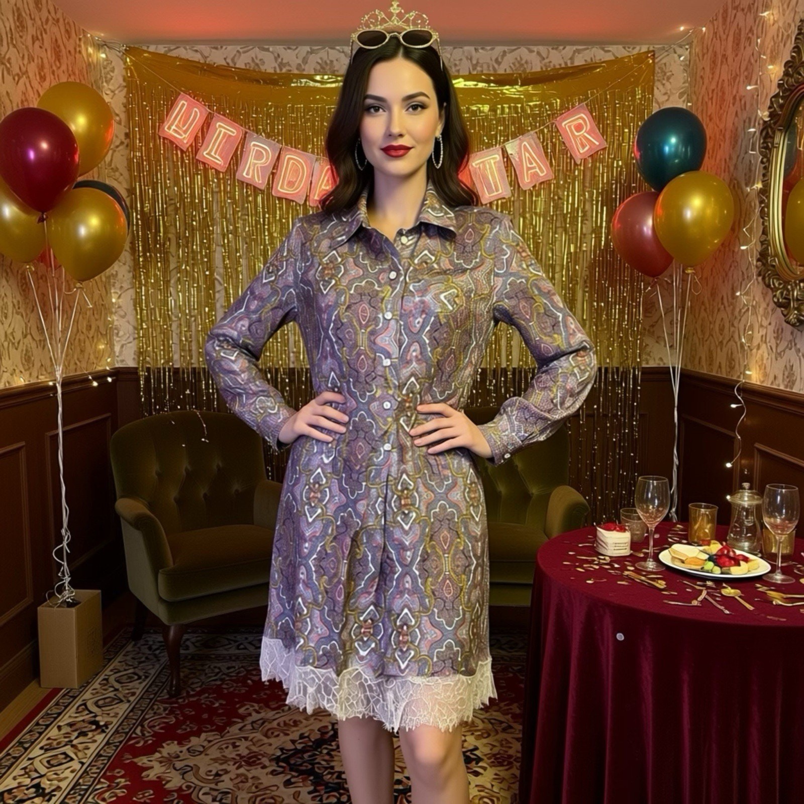 MissJune Woman 3 Luxury Silk ShirtDress LongSleeve Lace Dainty Paisley Whimsical