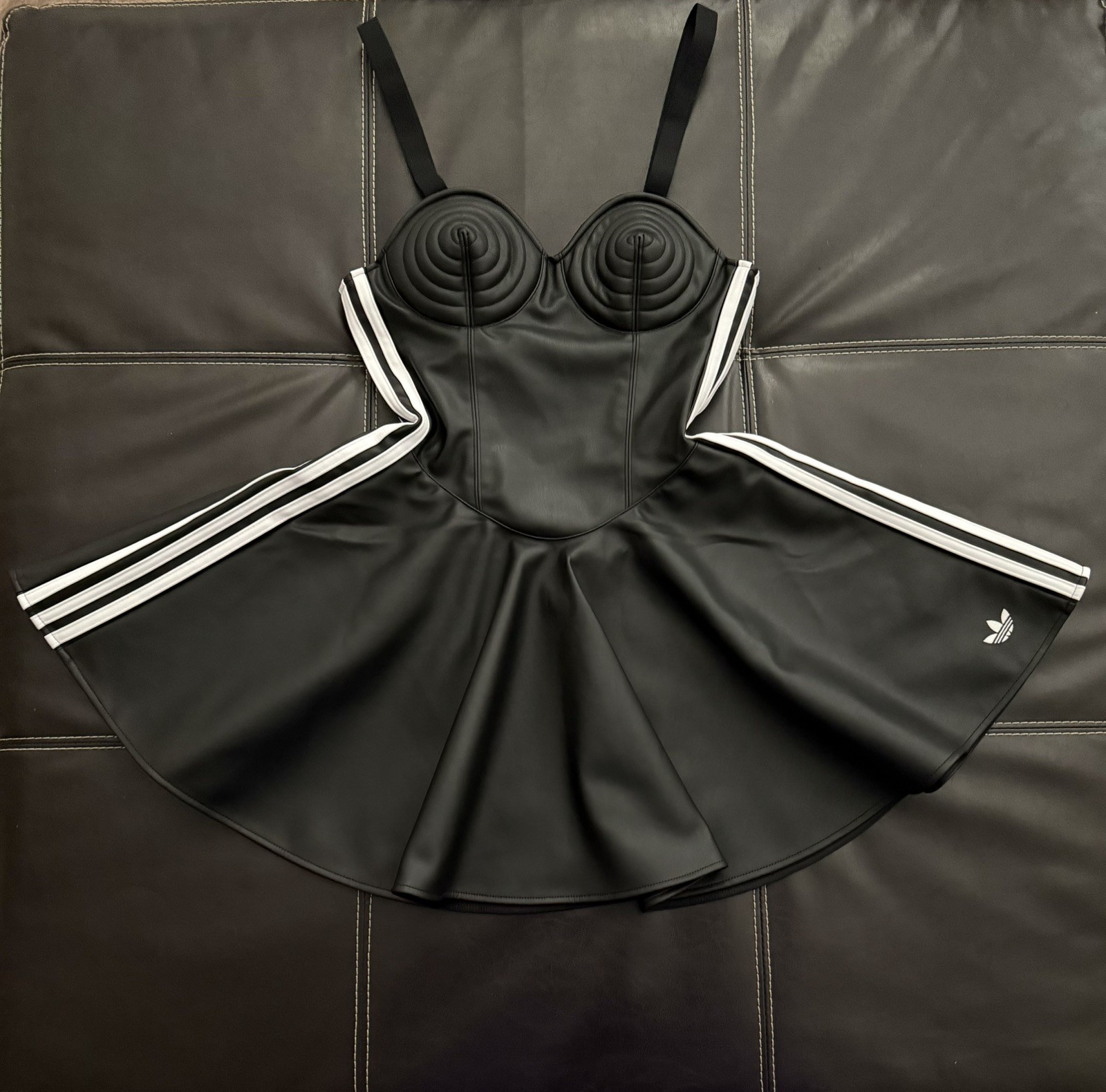 Adidas x Jeremy Scott Size 2 Black Faux Leather Mini Dress Trefoil Cone Cup Y2K