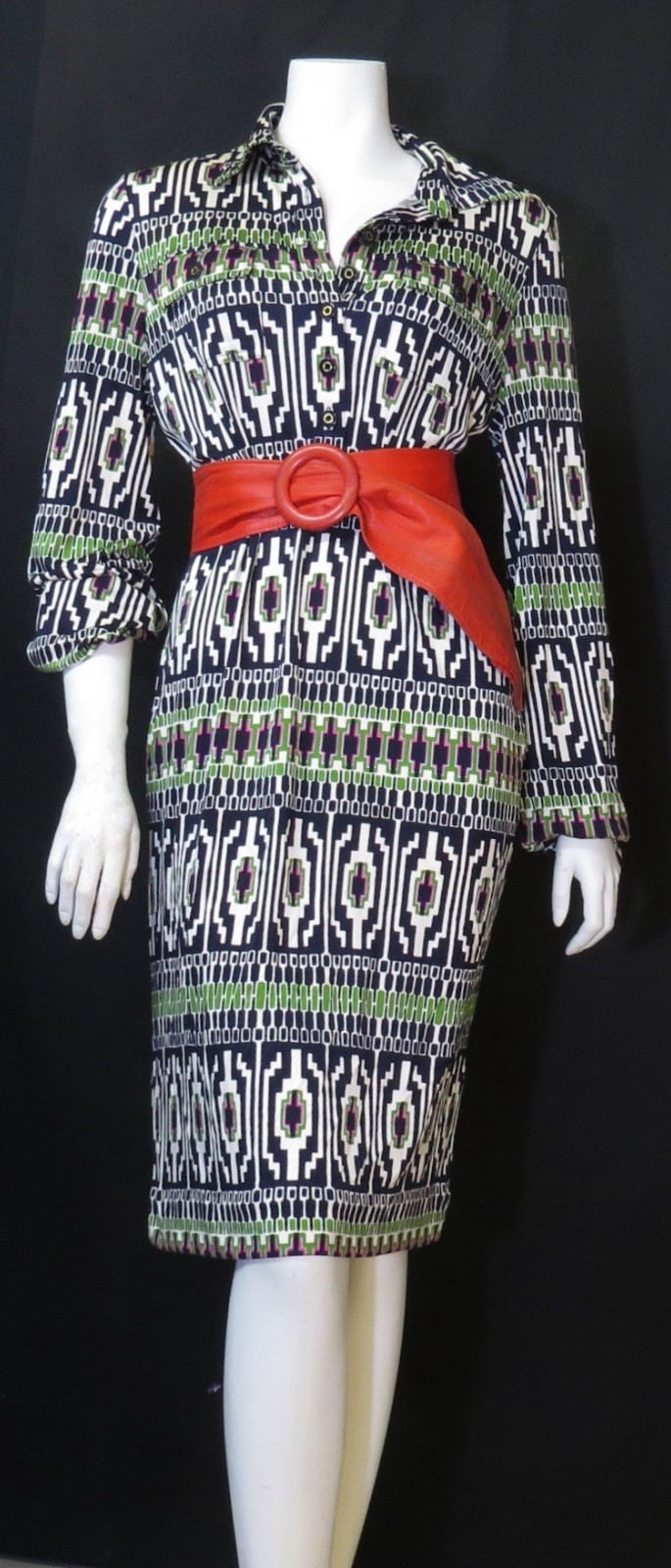 Great Tory Burch Long Sleeve Geometric Print 100% Silk Jersey Dress L