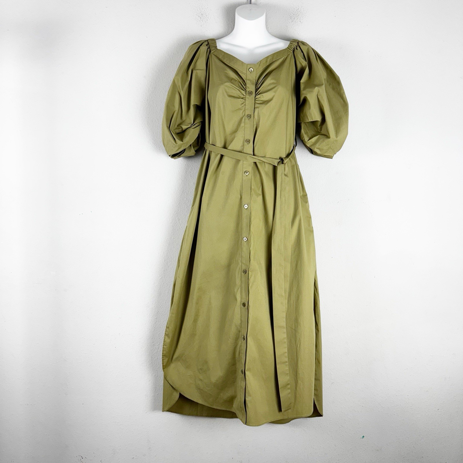 Staud Women’s Reese Off-The-Shoulder Shirt Dress Side Slit Size XS Green *Read*