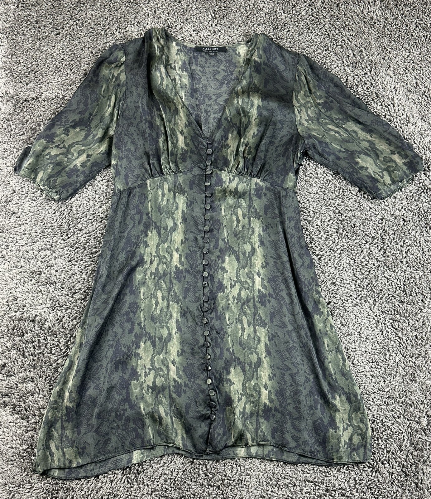 AllSaints Kota Masala Dress Women Green Black Snake Print Viscose Mini Sz US 8