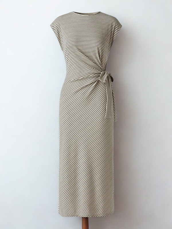 Striped Relaxed Midi Dress with Self-Tie