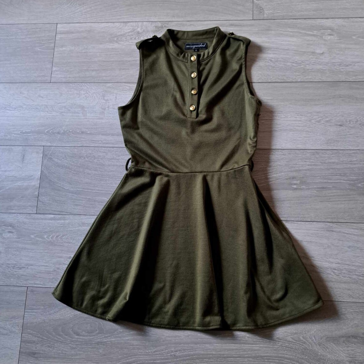 Missguided Khaki Green Stretch Flared Dress Utility Casual Feature Buttons UK10