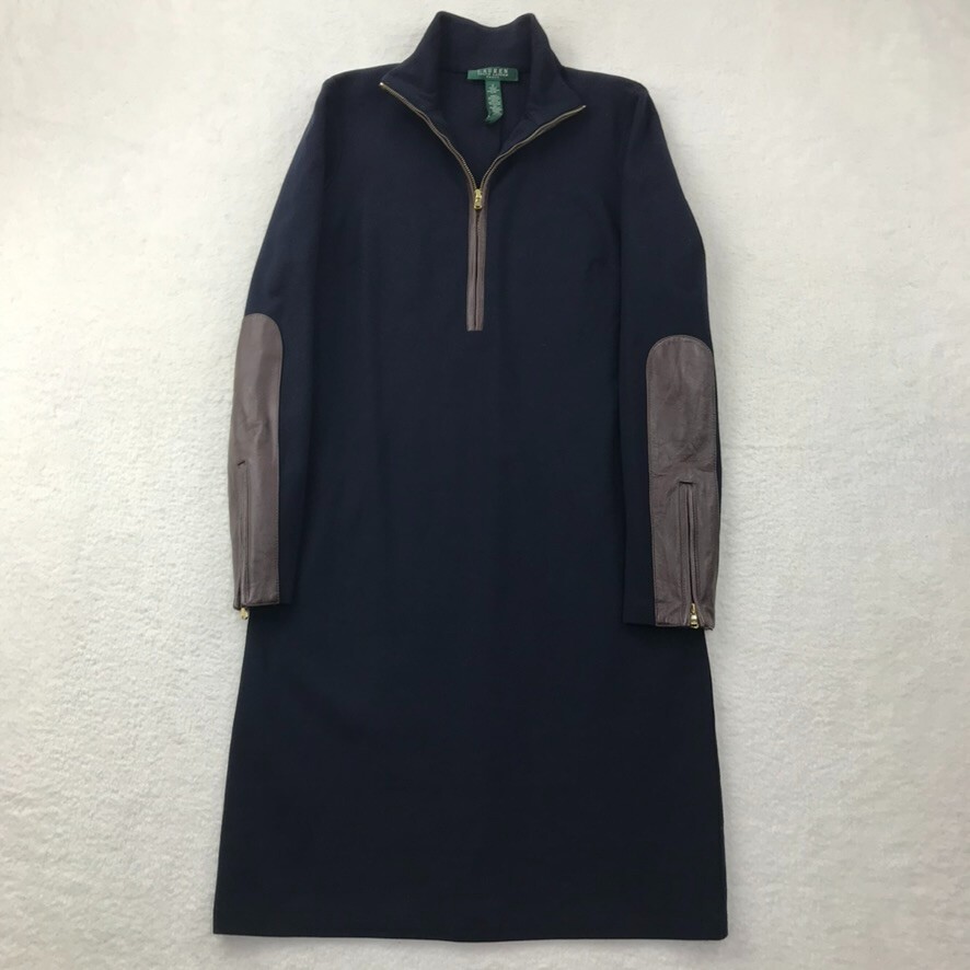 Lauren Ralph Lauren Dress Womens 4 Blue Rayon Stretch Blend Leather Trim Accents