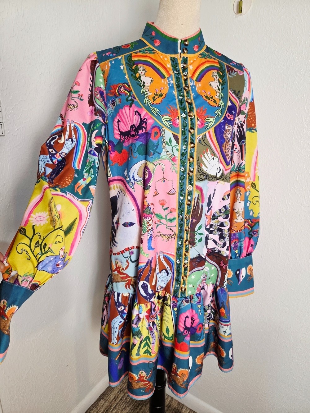 Multicolor Bohemian Mystical Fantasy Mini-Dress, Puff Sleeves, Ruffled Hem Sz XL