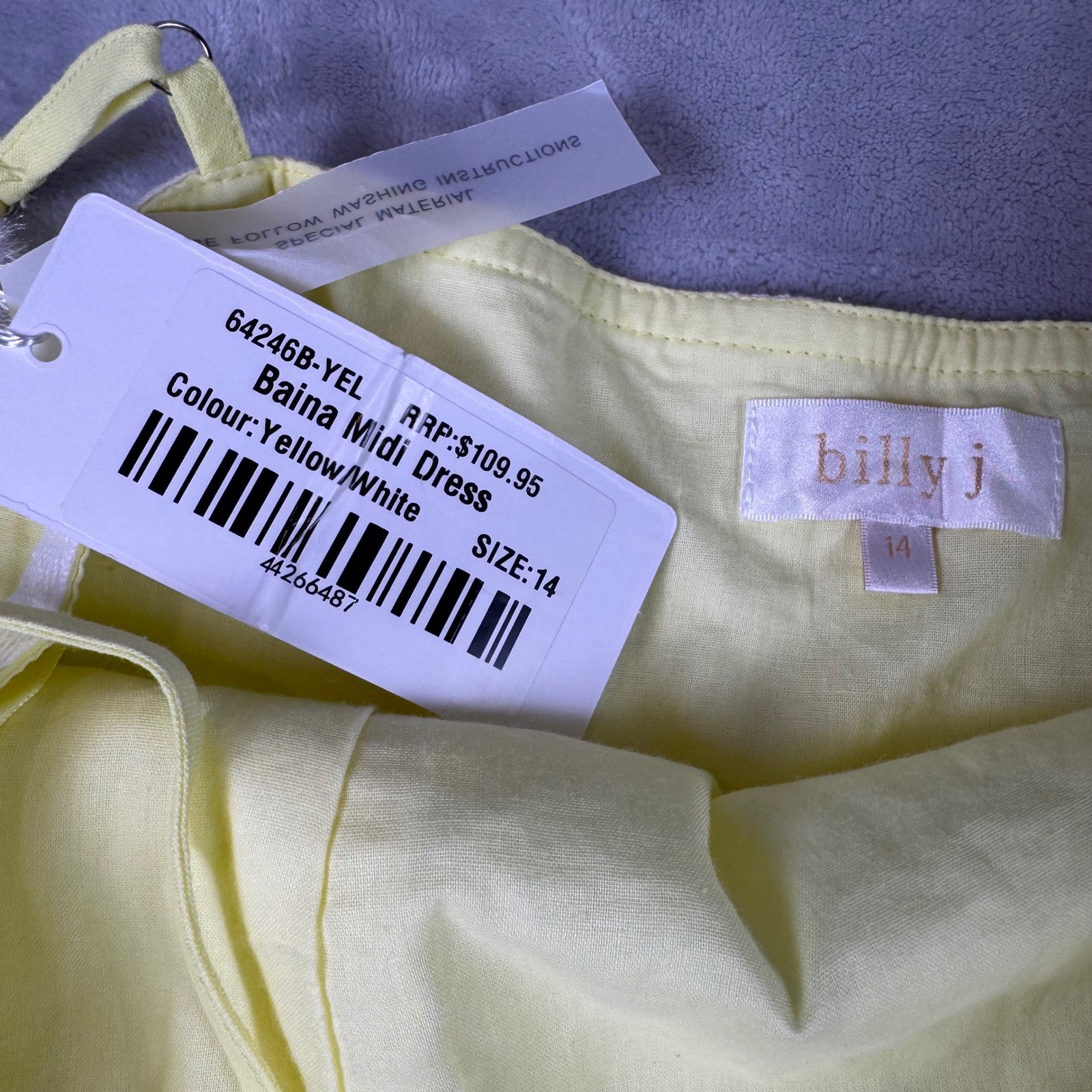 Billy J Baina Midi Dress Yellow White Contrast Piping Sun Dress Women 14 NWT*