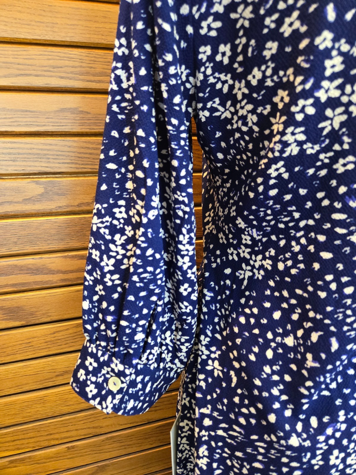 NWT DKNY Dress 3/4 Sleeve Button Down Blue White Rouched Waist Size 6