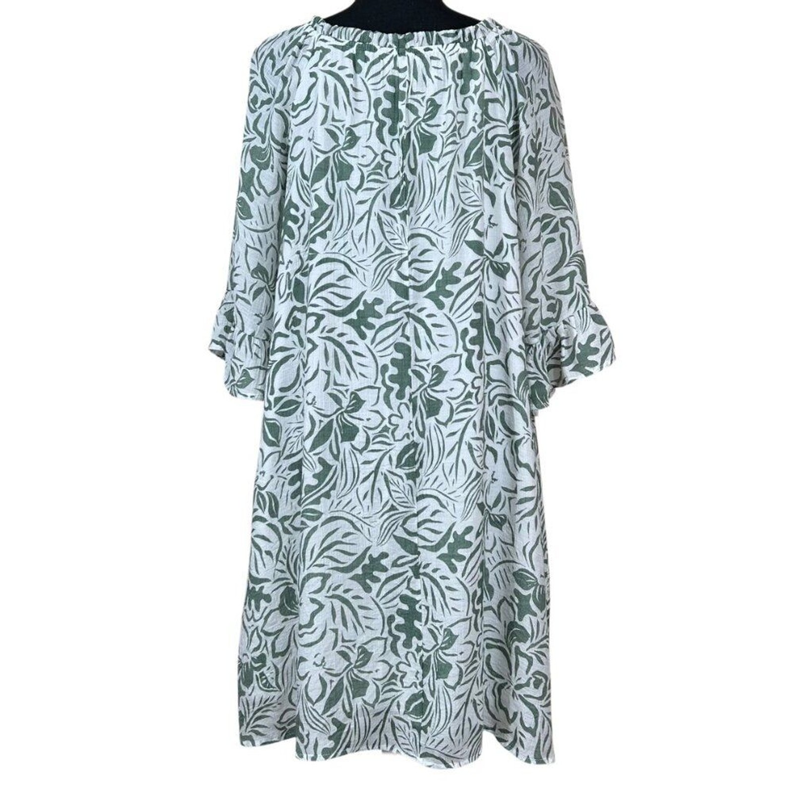 Naif Green White Rayon Gathered Neckline Bell Sleeve Sheath Dress Size L