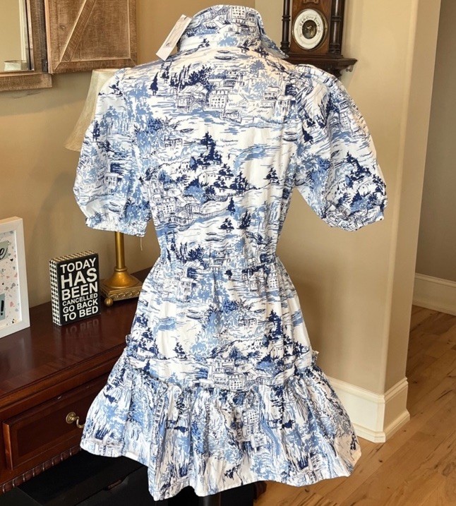 Sugarlips White Blue Etchings Collared Puff Sleeve Mini Ruffle Hem Puff Sleeve