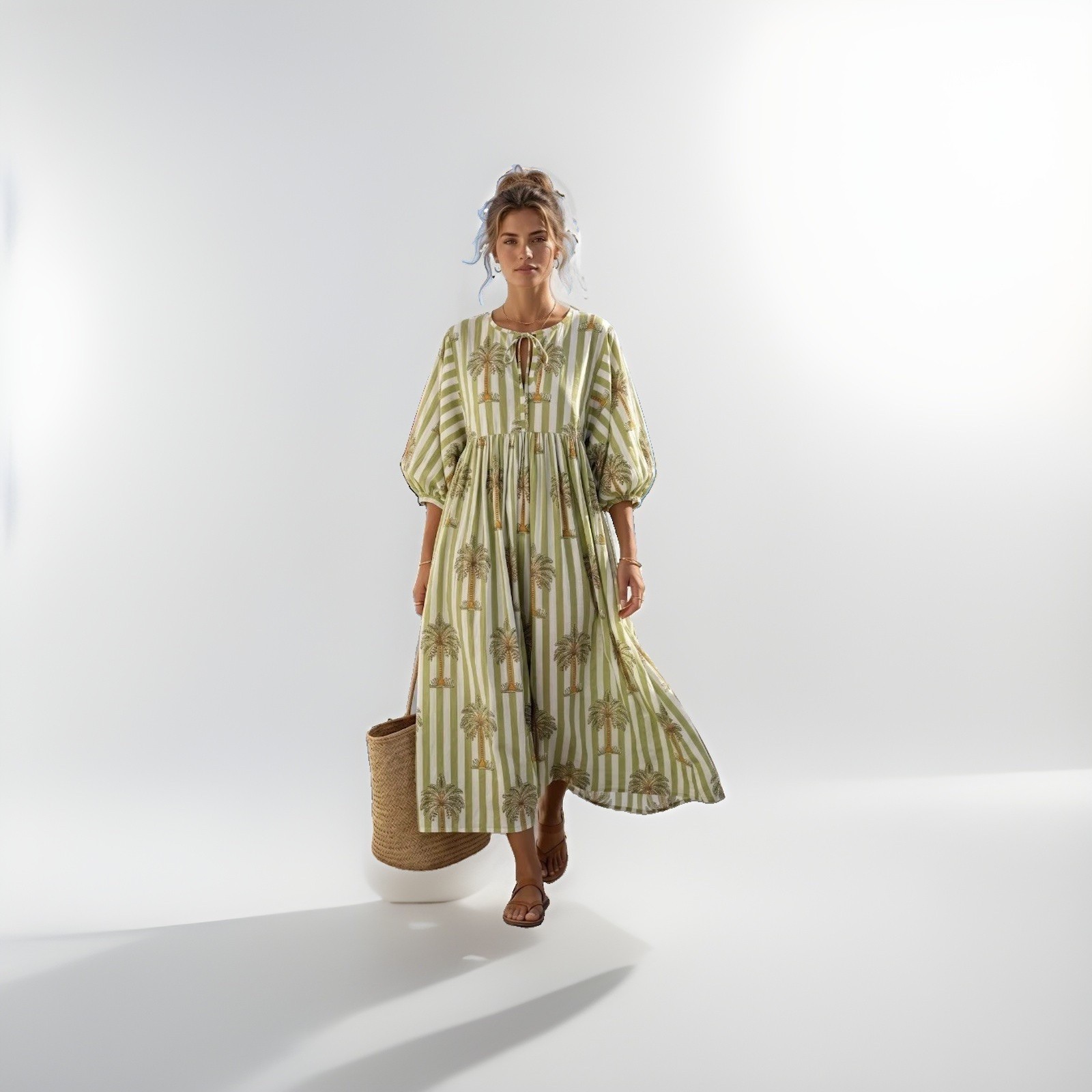 Handmade Blue Striped Cotton Maxi Dress, Boho Balloon Sleeve Dress Good Quality